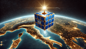 picture by Dall-e AI of  picture of a cube-shaped satellite looking from space on the territory of Croatia. Add a signal beam going from satellite towards the Earth as if the satellite was scanning the area